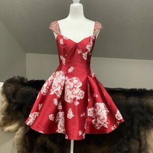 Burgundy Floral-Print Cap Sleeve With Crystal beading, Cocktail Party Dress